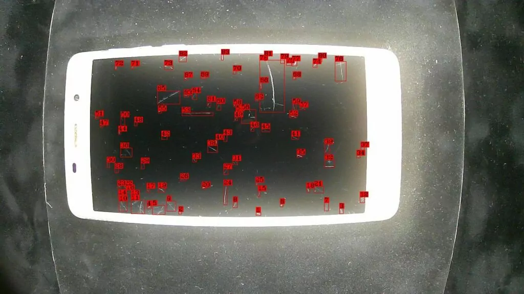 The fifth step is the detection of scratch candidates with a help of a standard contours detection function.