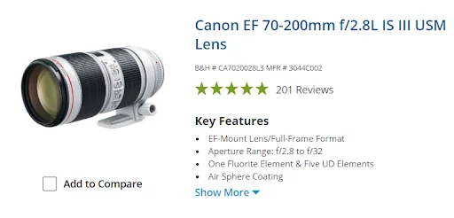 Figure 3. Commercial application of CAF2 glass in high-end telephoto lens. Image from BHPhoto.com