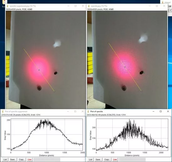 Left image, laser with rotating fiber bundleRight image, laser through fiber without rotation